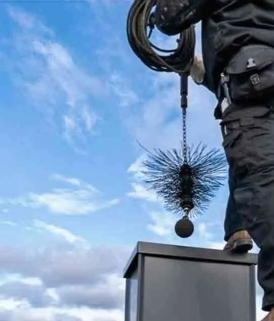 Close view of a round chimney brush being lowered into a flue