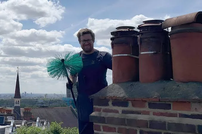 Chimney sweep standing beside a row of rooftop chimney caps